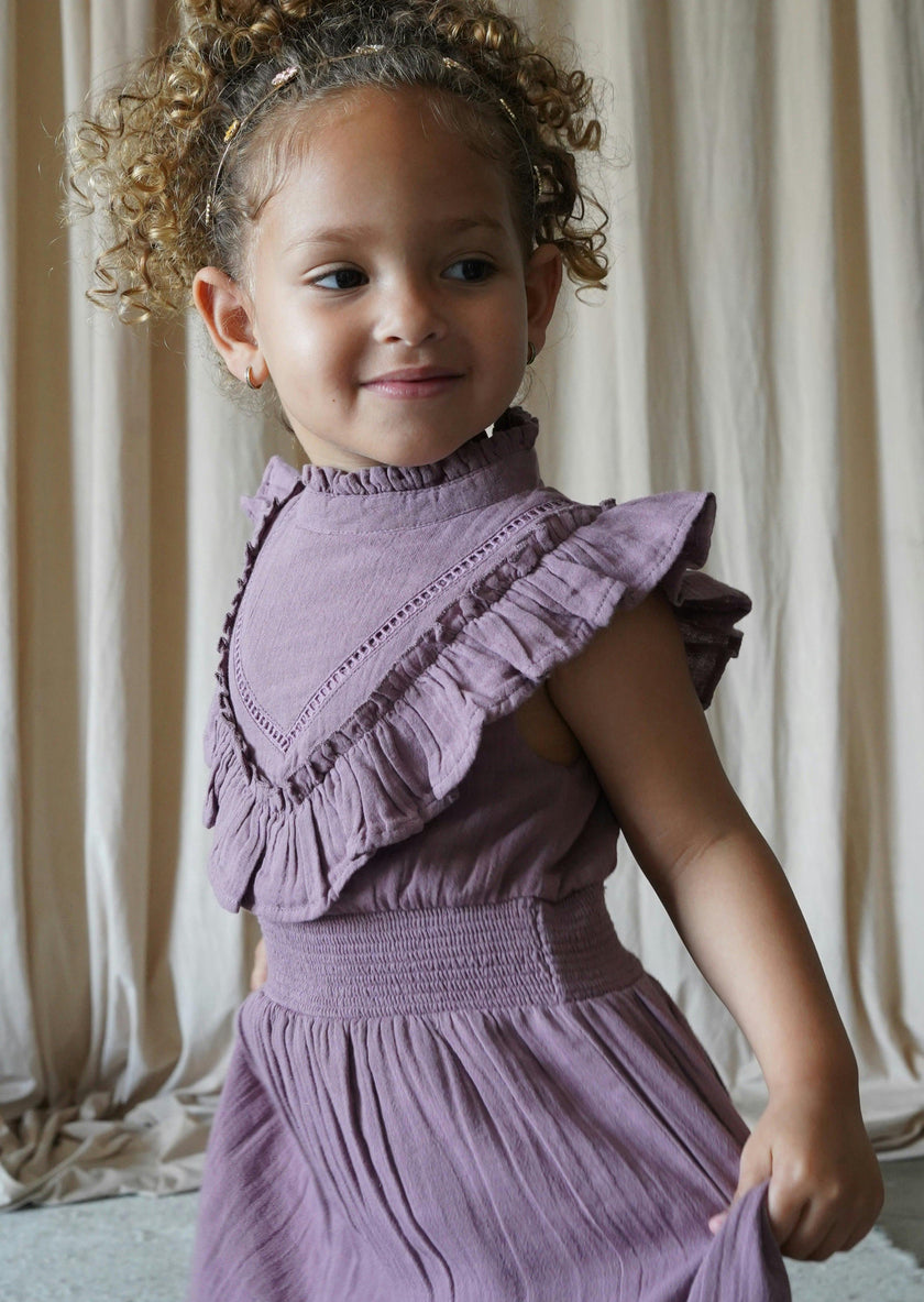 Esmée | Muslin Cotton Ruffle Dress | Mauve Wine