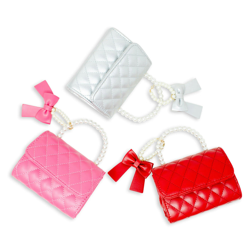 Quilted Pearl Handle Bow Ribbon Handbag