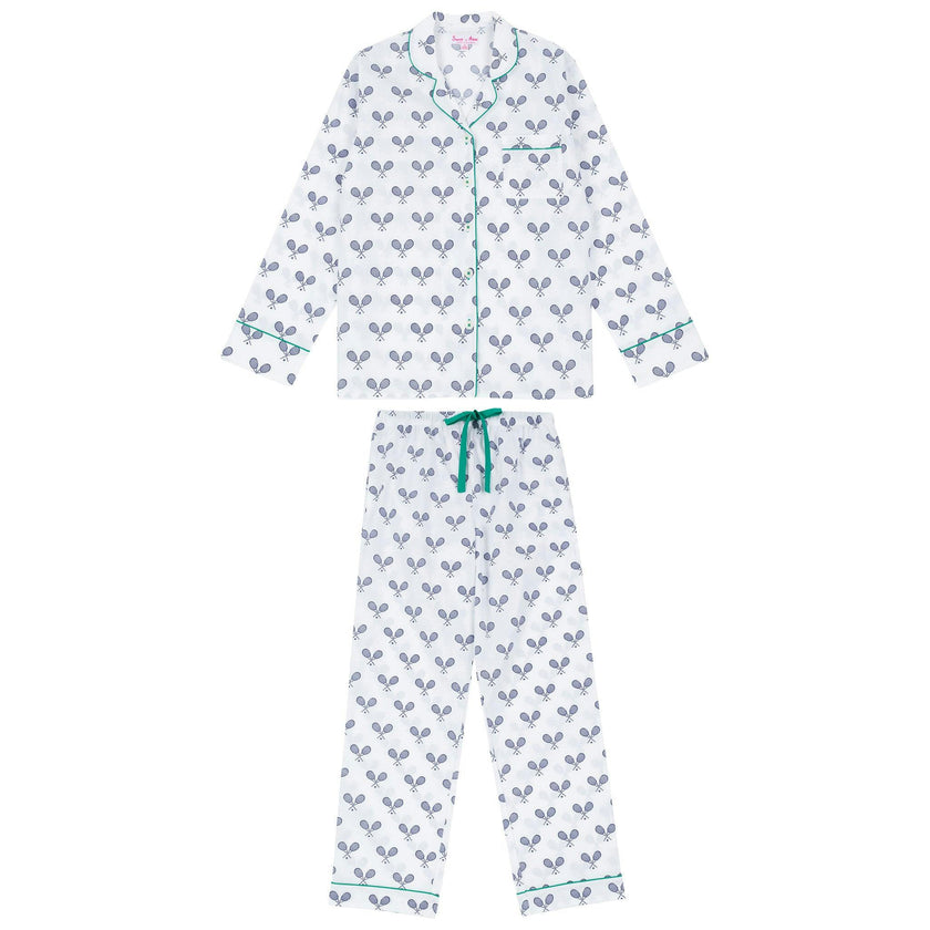 Women's Tennis Navy Long PJ Set - Organic Cotton Poplin