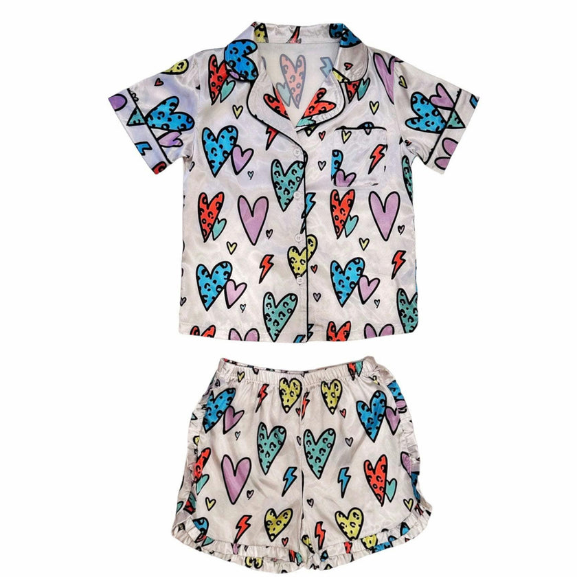 Rainbow Cheetah Heart Silk Shirt & Short Set