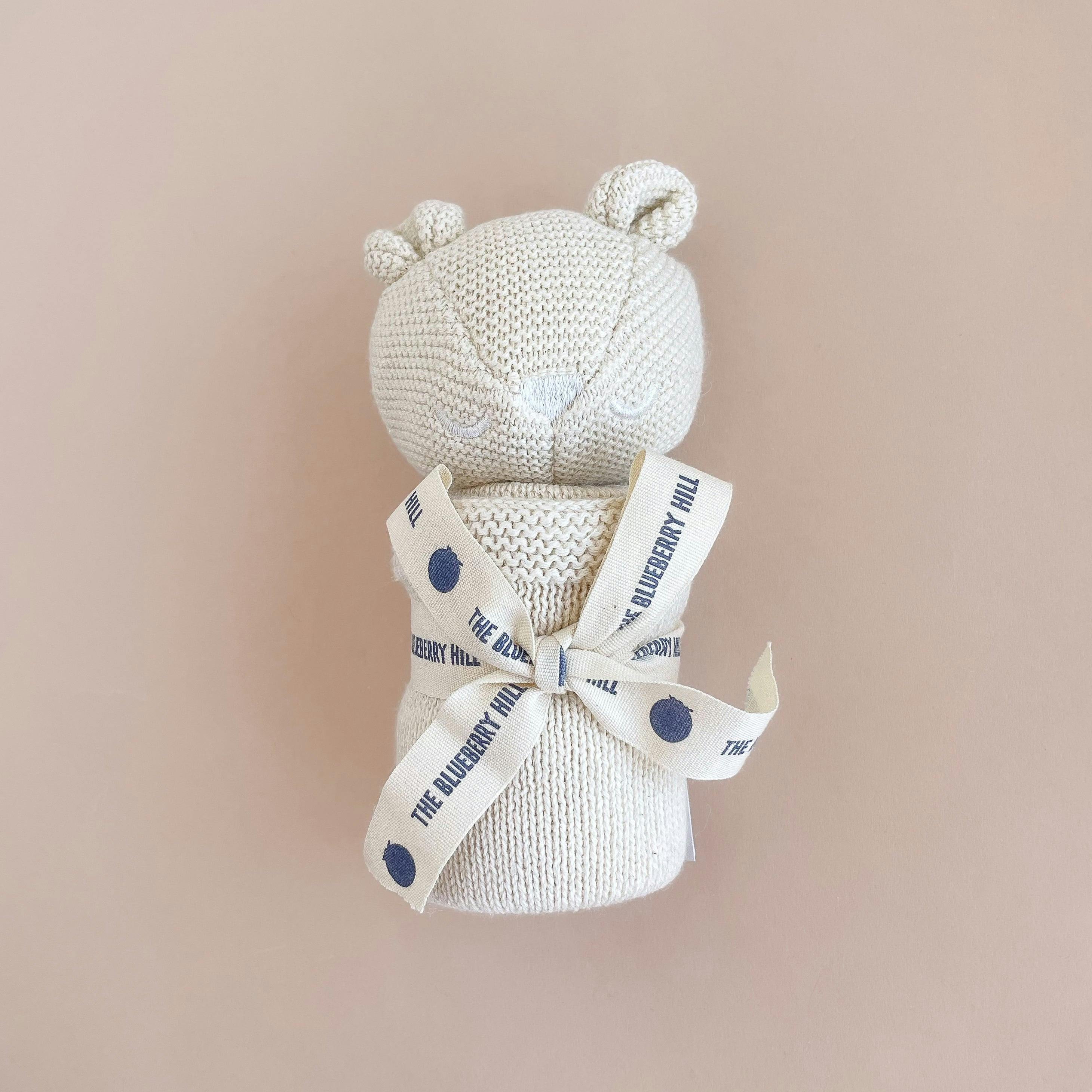 Blue Stripe Swaddle and Lovey Set - Cream Bear
