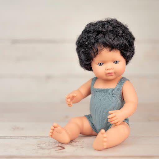 Colourful Edition Collection - Baby Doll Caucasian Curly Black Hair Boy 15'' (grey rompers)