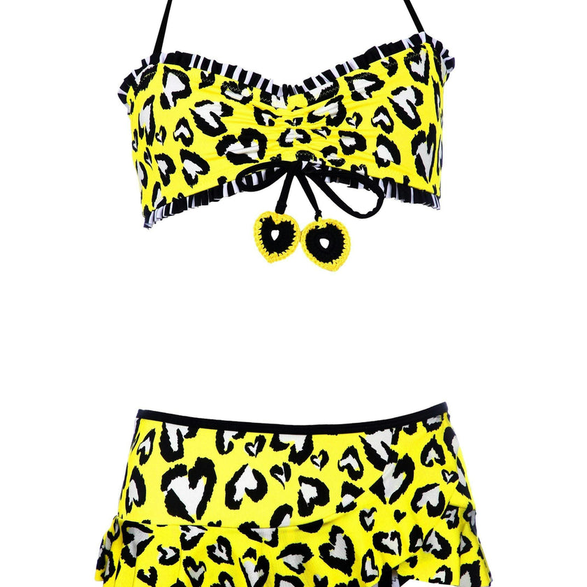 Rossi Heart Print Striped Sleeveless Ruffle 2-Piece Bikini