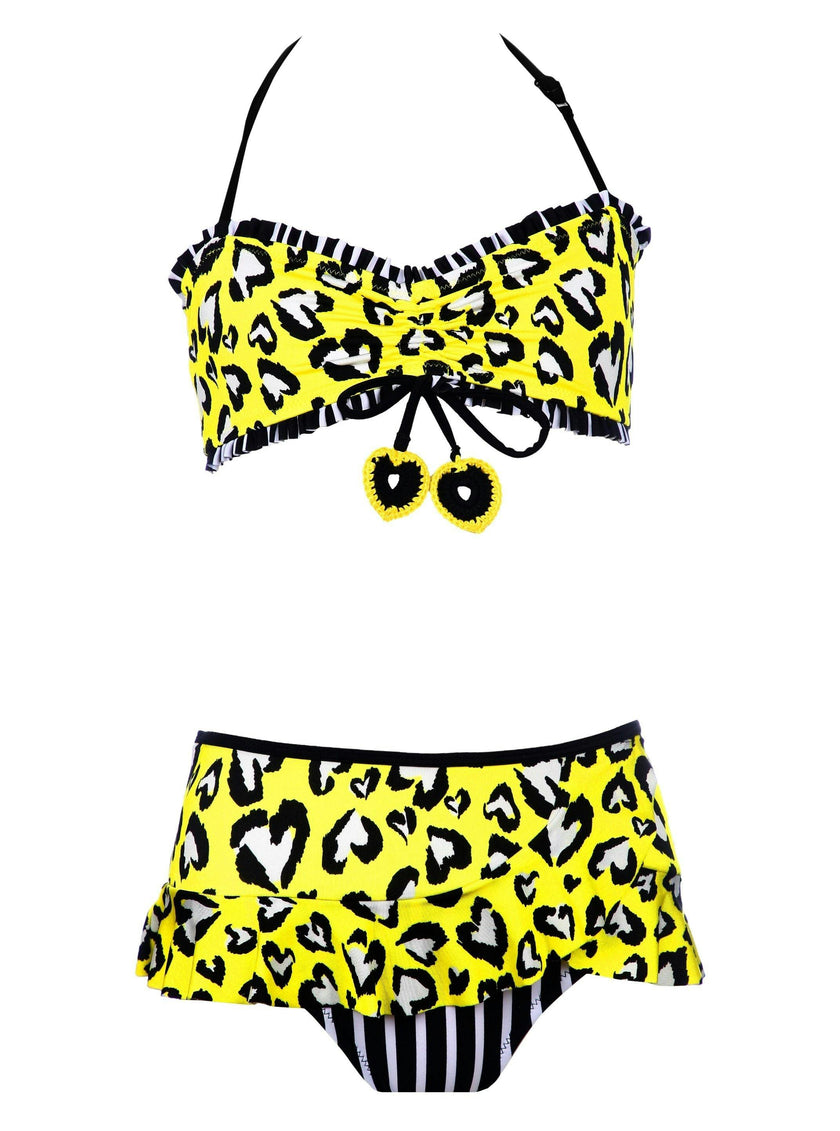 Rossi Heart Print Striped Sleeveless Ruffle 2-Piece Bikini