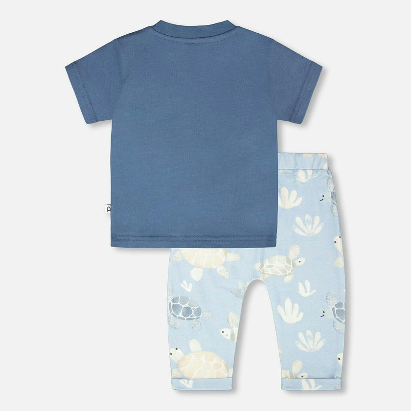 Organic Cotton Jersey T-Shirt And Pants Set Medium Blue And Blue Turtle Print