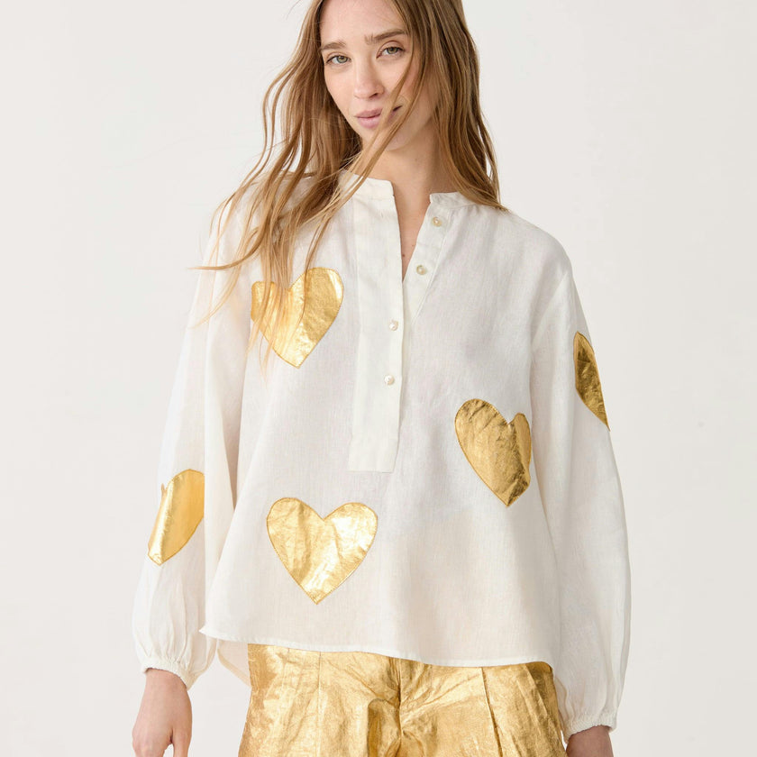 Cupid Linen Shirt - Off-White w/ Gold Hearts
