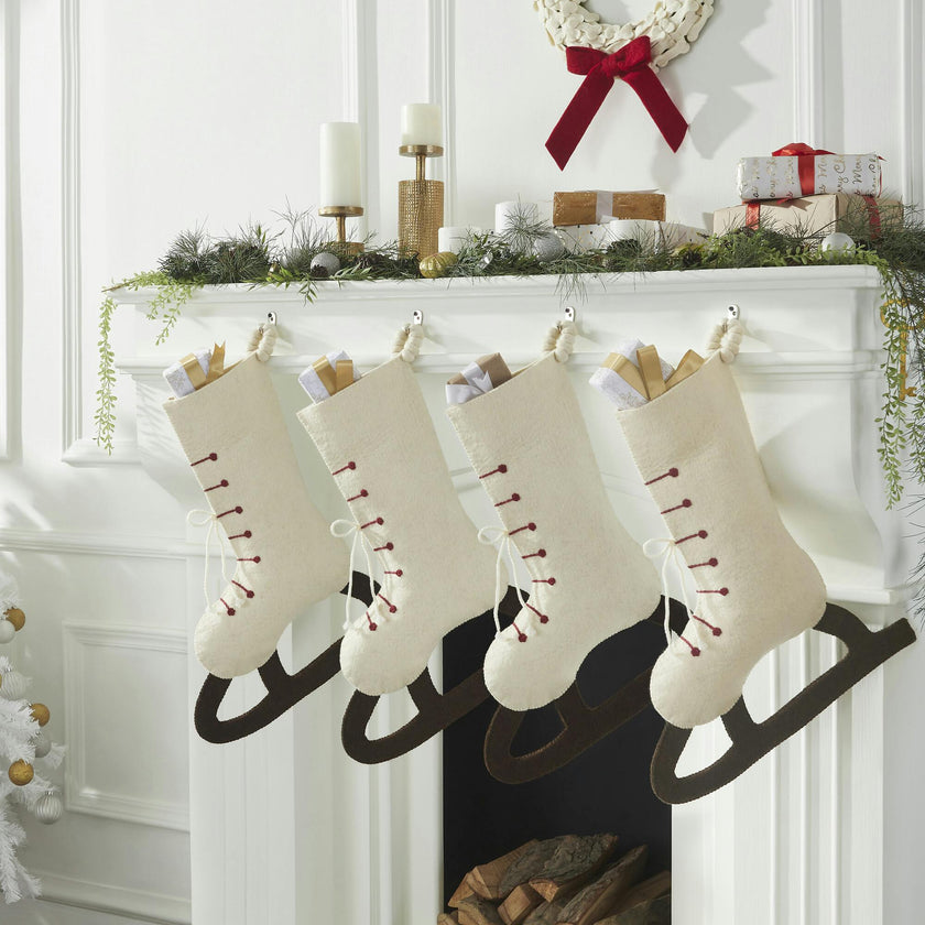 Ice Skate Hand Felted Wool Cream Christmas Stocking Skate