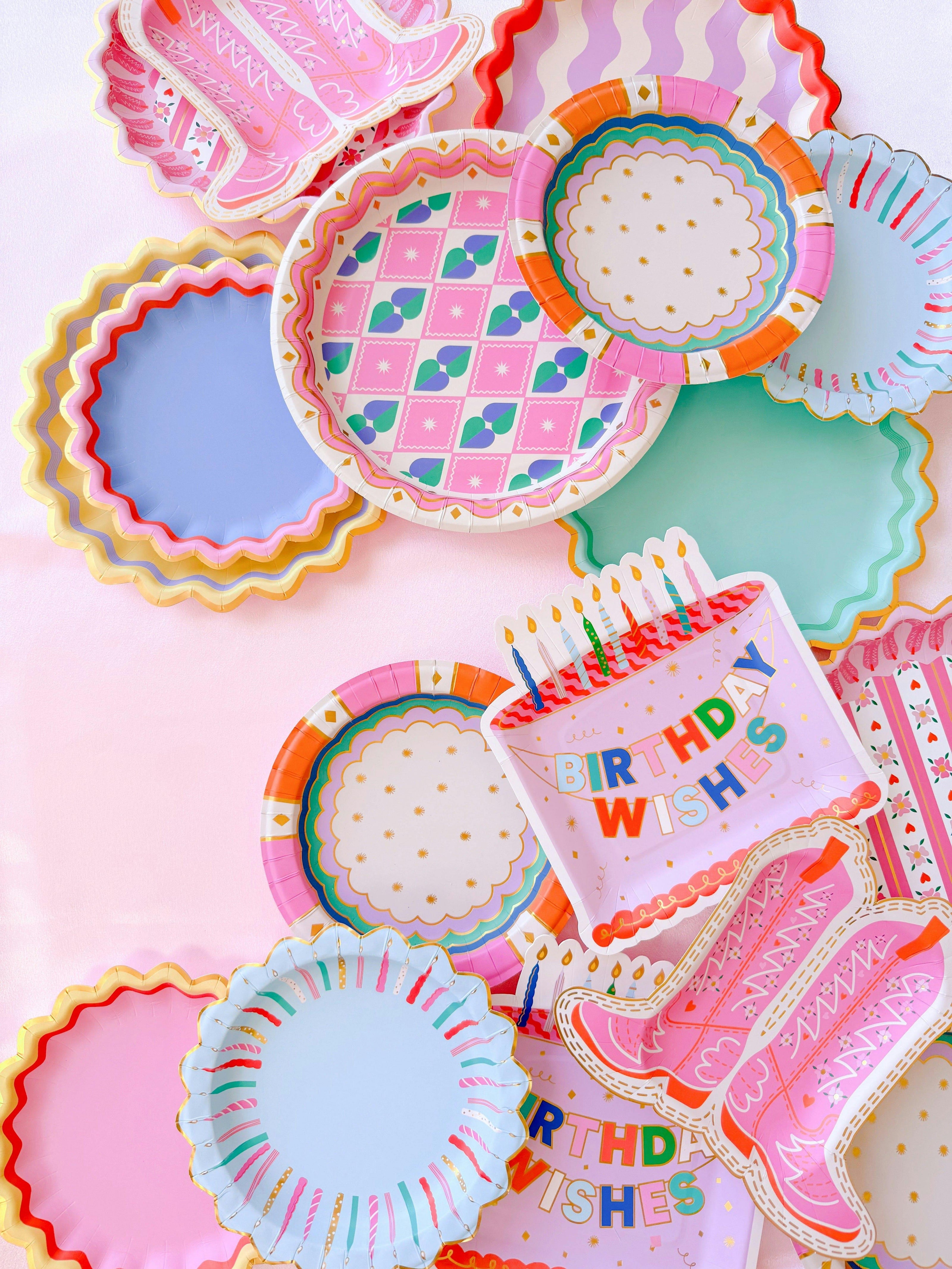 Packed Party Make a Wish Birthday Dessert Plates 10ct - Gold Foil Colorful Cake Design Party Plates, 8 Inch, 350 GSM