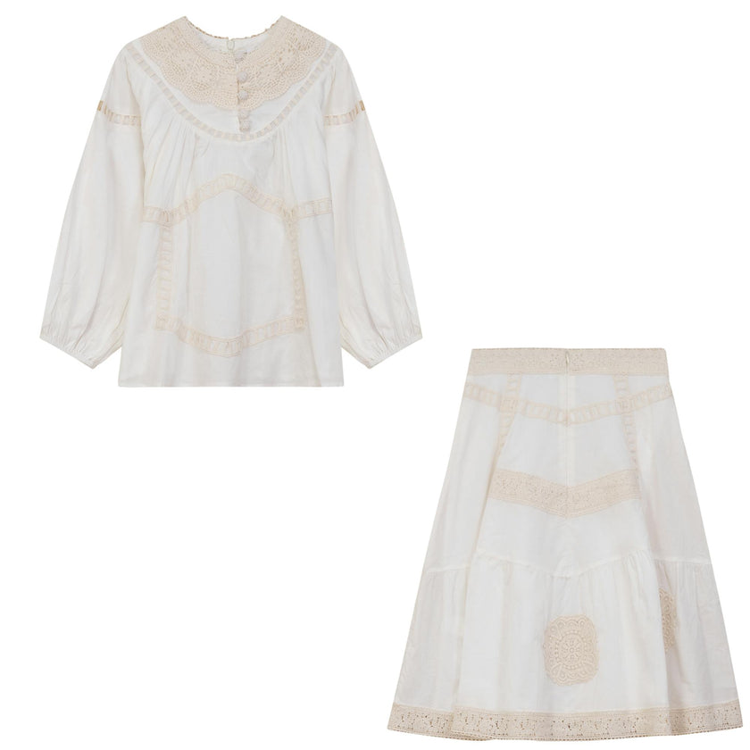 Woven Lace Button Front Cotton Top and Skirt Two Piece Set