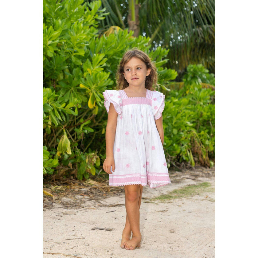 Serena Girl's Tassel Dress White Pink Frangipani, Pink