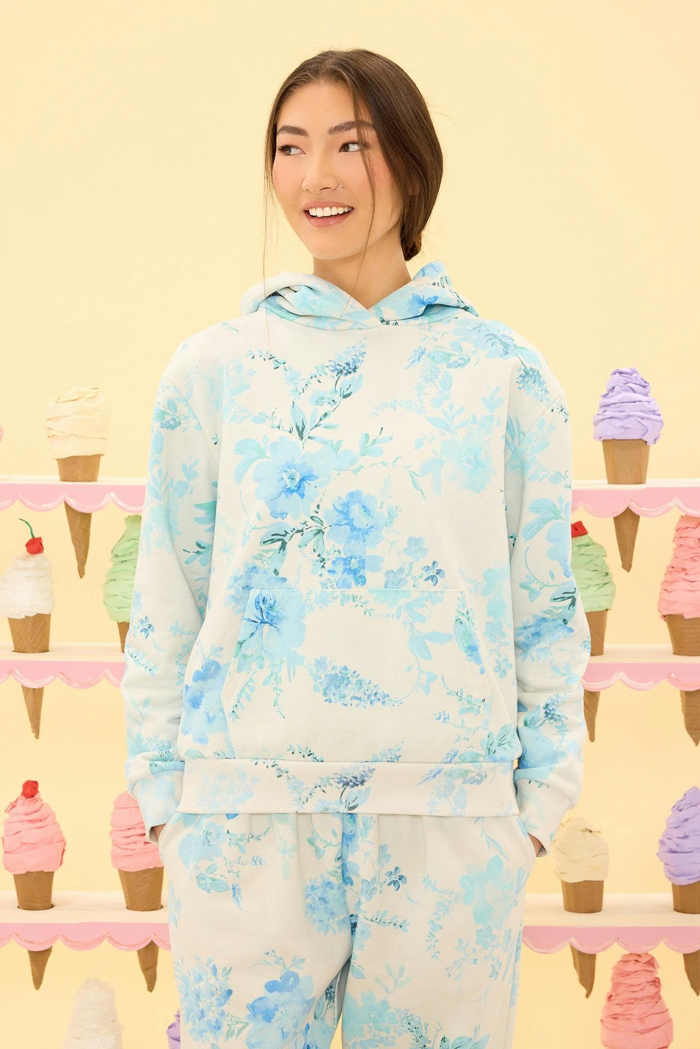 Kian Hooded Sweatshirt in Blue Aquarelle Fleur