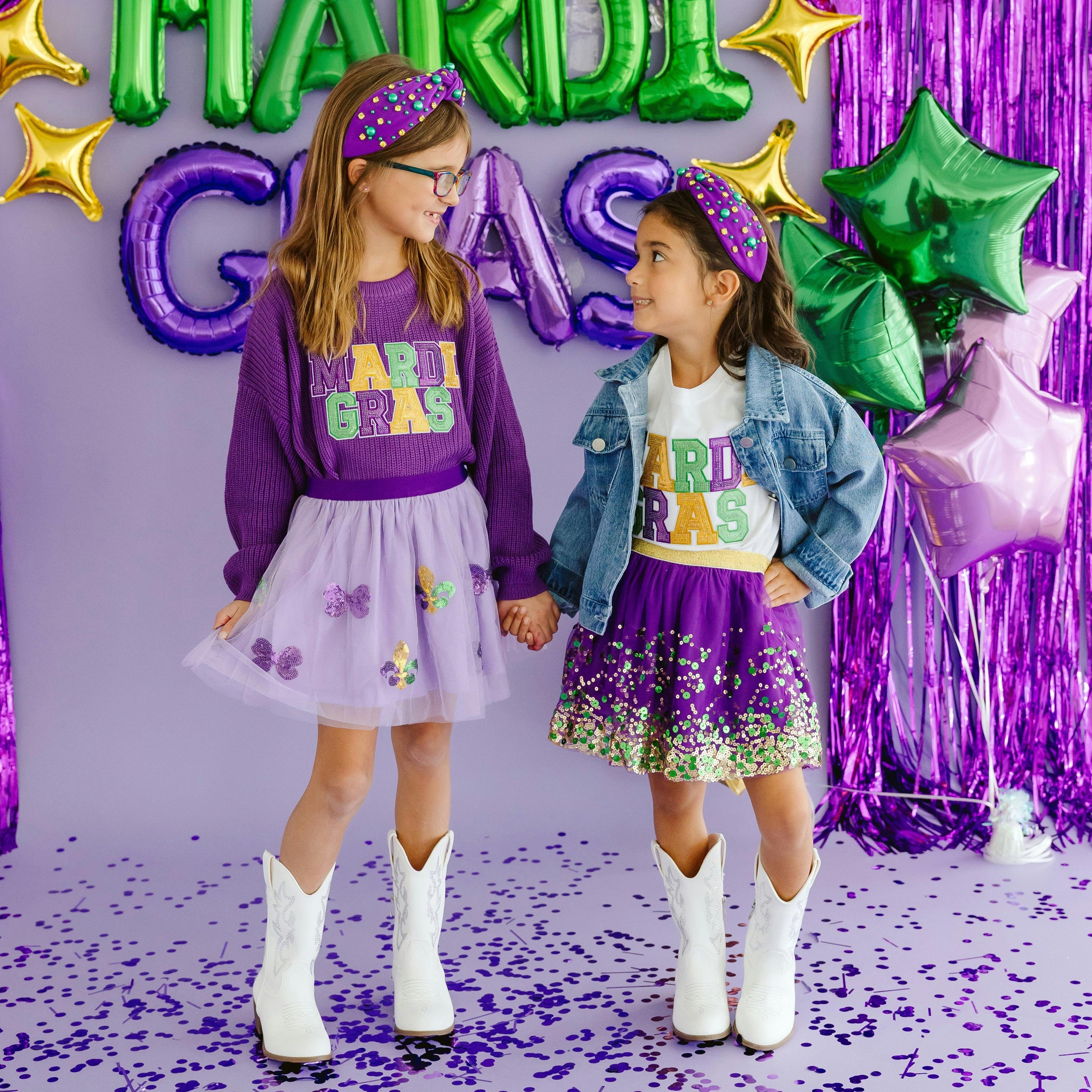 Mardi Gras Sequin Patch Short Sleeve T-Shirt - White