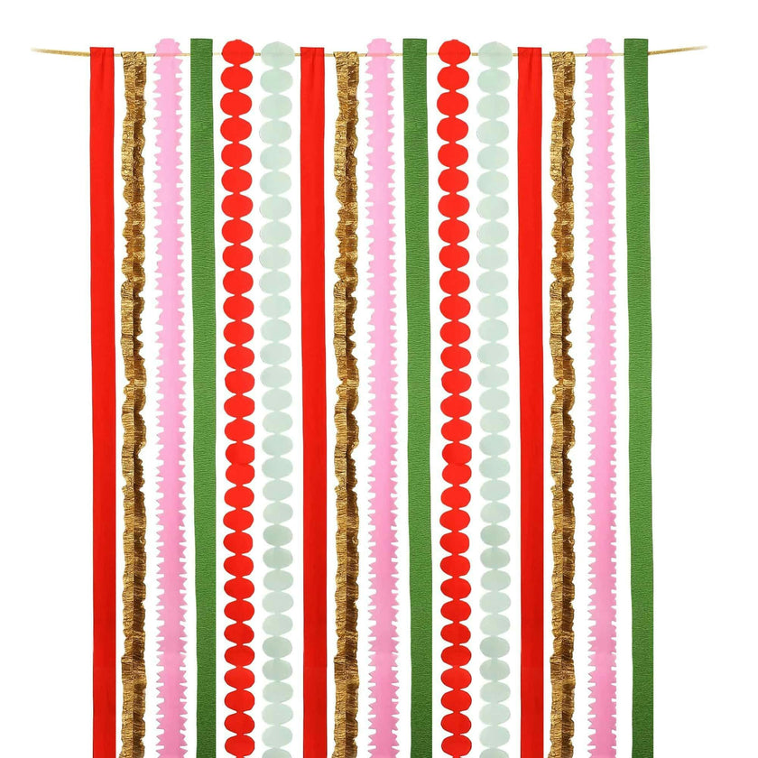 Packed Party Holiday Hues Crepe Paper Streamer Backdrop Kit - 6 Colors of 72-Inch Crepe Paper Rolls with 60-Inch Gold Satin Ribbon for Holiday Photo Walls
