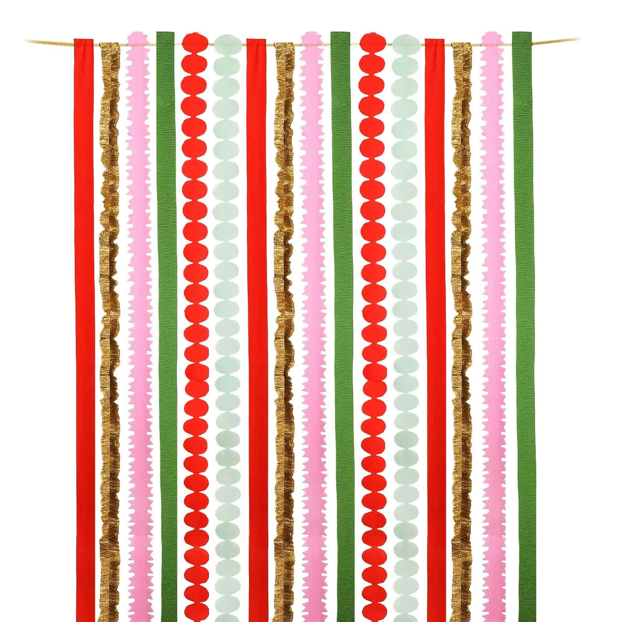 Packed Party Holiday Hues Crepe Paper Streamer Backdrop Kit - 6 Colors of 72-Inch Crepe Paper Rolls with 60-Inch Gold Satin Ribbon for Holiday Photo Walls