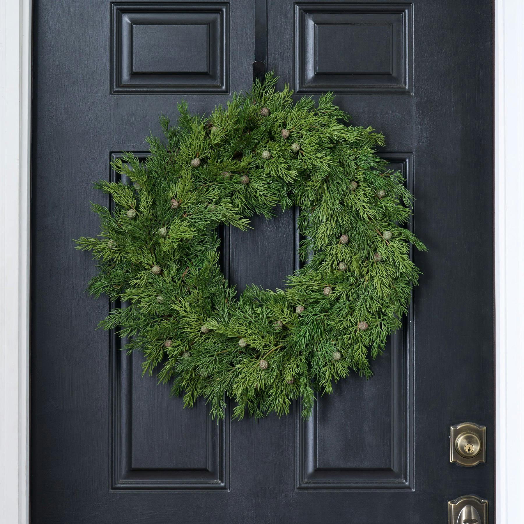 Seeding Real Touch Juniper Berry Faux Greenery Front Door Mantle Wreath 18