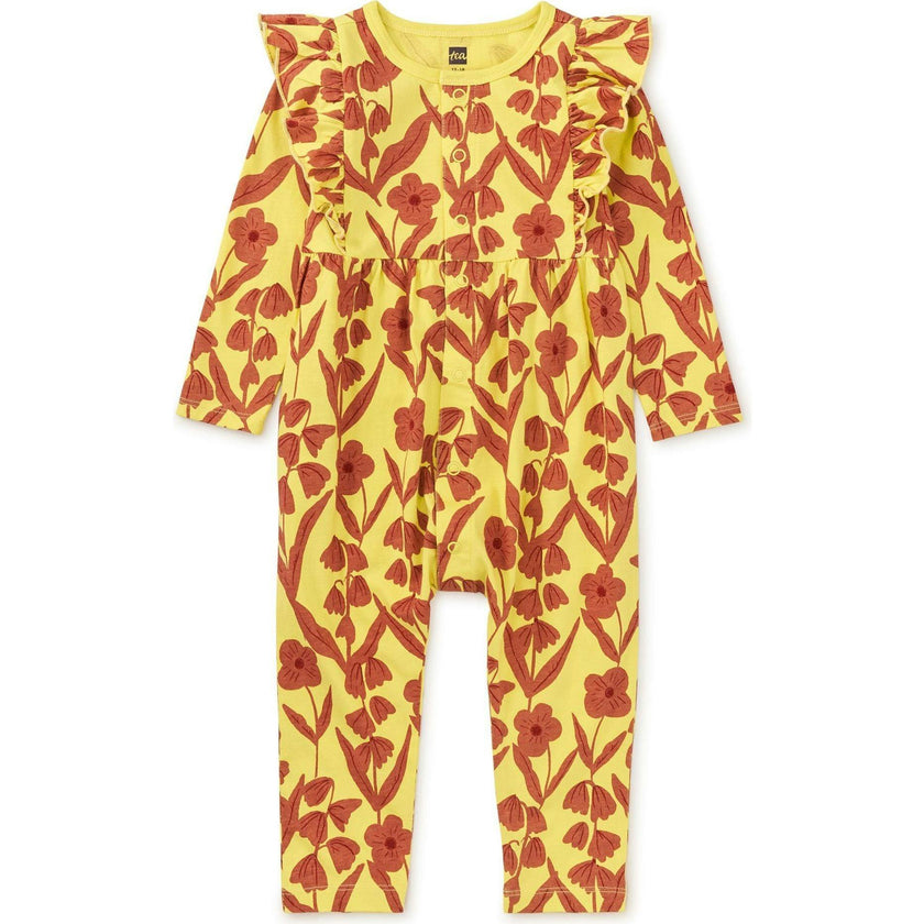 Babys Ruffle Envelope Neck Front Snap Romper, Yellow