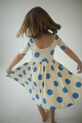Short Sleeve Twirl Dress in Blue Dots