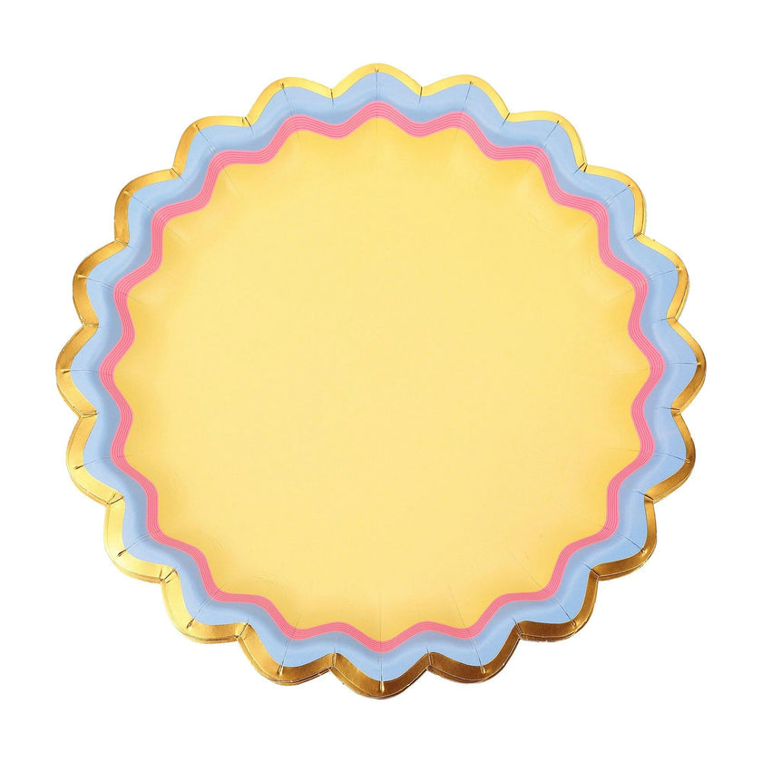 Packed Party Rainbow Ric Rac 10ct Paper Dessert Plates | Gold Foil Scalloped 5-Color Mix Party Plates | 8 Inch Birthday Plates