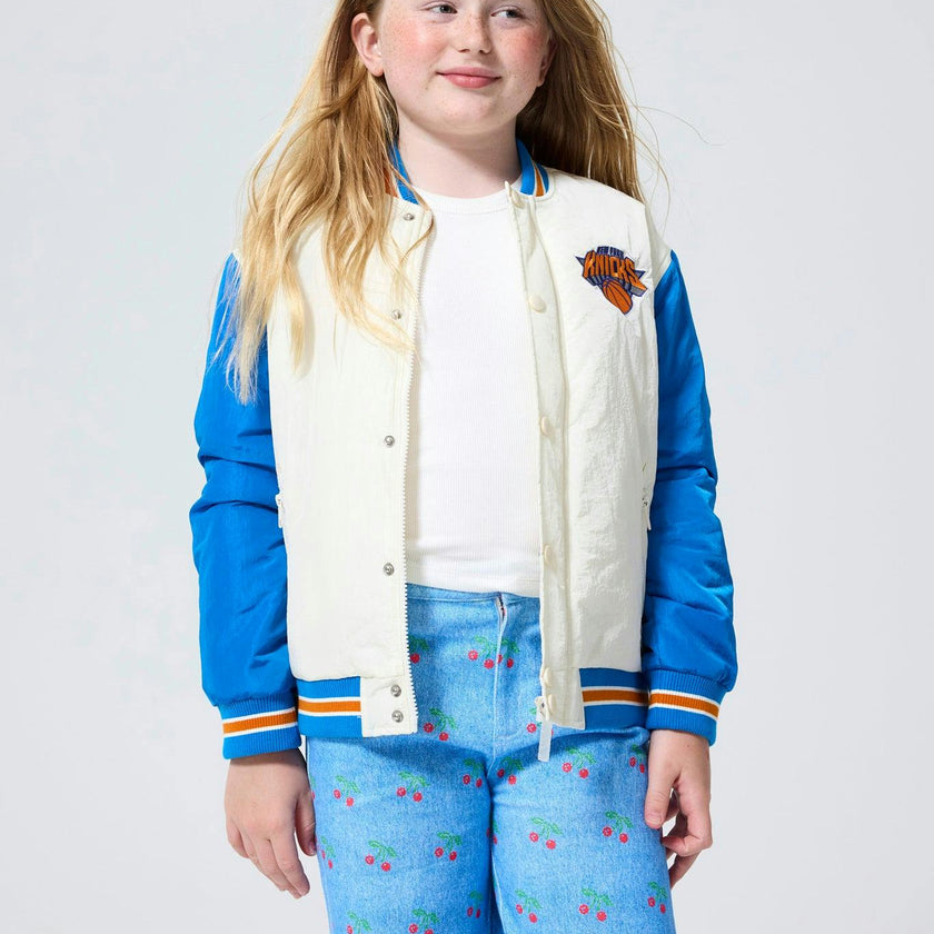New York Knicks Basketball Youth Bomber Jacket in Sugar Swizzle and Blue