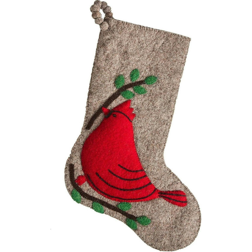 Cardinal Christmas Stocking Hand Felted Wool Gray