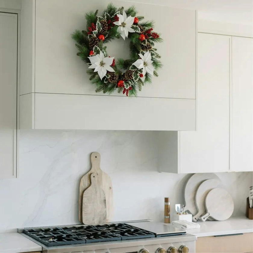 26" White Poinsettia, Pinecone & Berry Wreath Pre-Lit