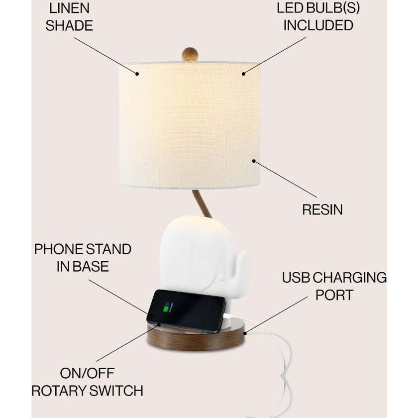 Ellie Bohemian Designer Iron/Resin Elephant LED Kids Table Lamp with Phone Stand and USB Charging Port
