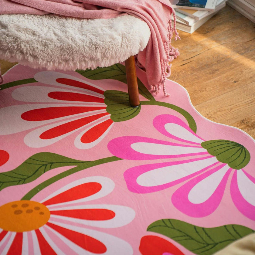 Pink Base Pink Floral Wavy Rug by Jessica Miller