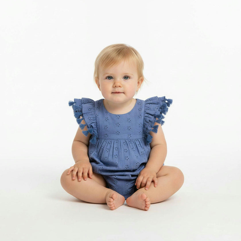 Anna Baby Romper Ocean Bliue Eyelet, Ocean Bliue Eyelet