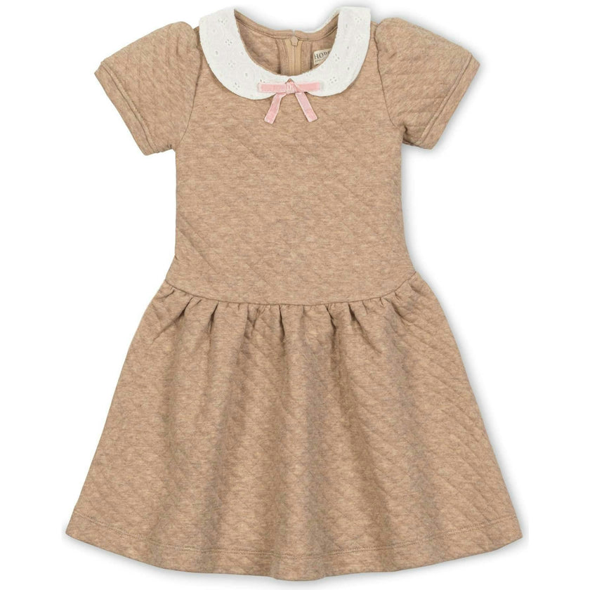 Short Sleeve Quilted Dress with Eyelet Collar, Beige