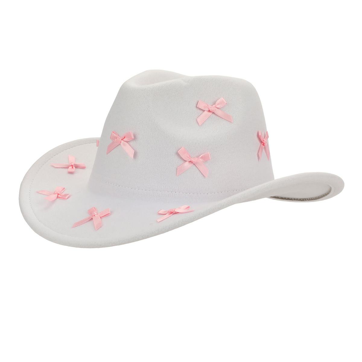 Packed Party Howdy Darling Pink Bow Cowboy Hat - White Felt Cattleman's Crease Cowgirl Hat with Pink Satin Ribbon Bows, One Size Fits All