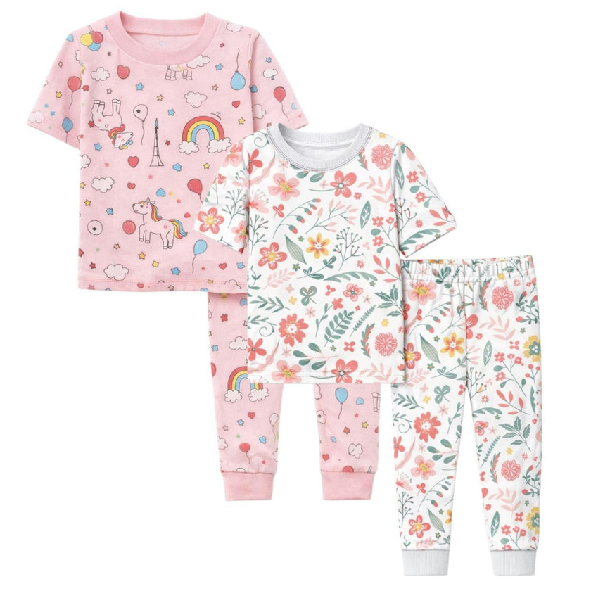 Kids and Toddlers 2 Pack Flowers/Rainbows Short Sleeve Snug Fitted Pajamas