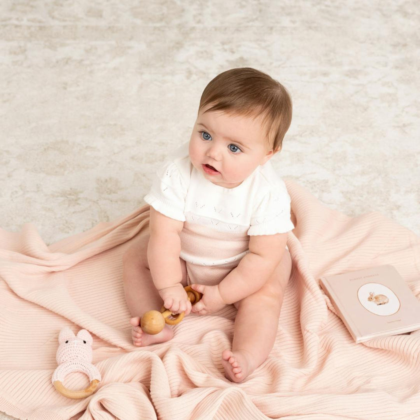 Girls Pointelle Contrast Knit Romper Blush