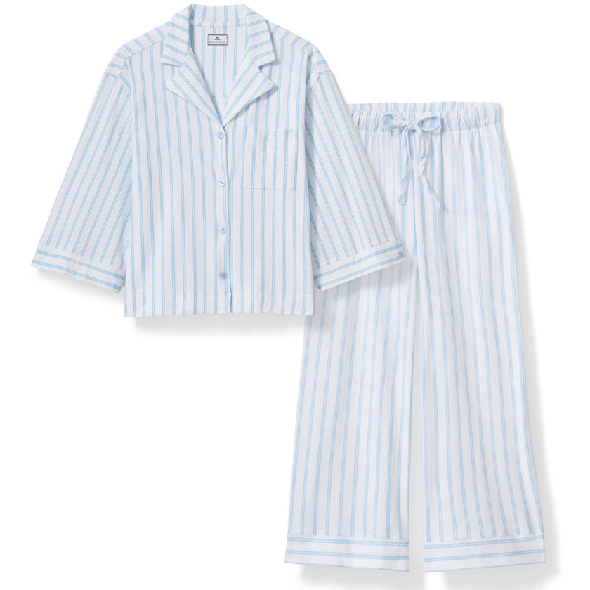 The Olivia Wide Leg Pima Pajama Set in Periwinkle Stripe
