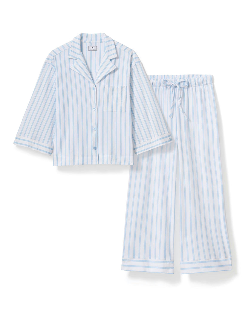The Olivia Wide Leg Pima Pajama Set in Periwinkle Stripe
