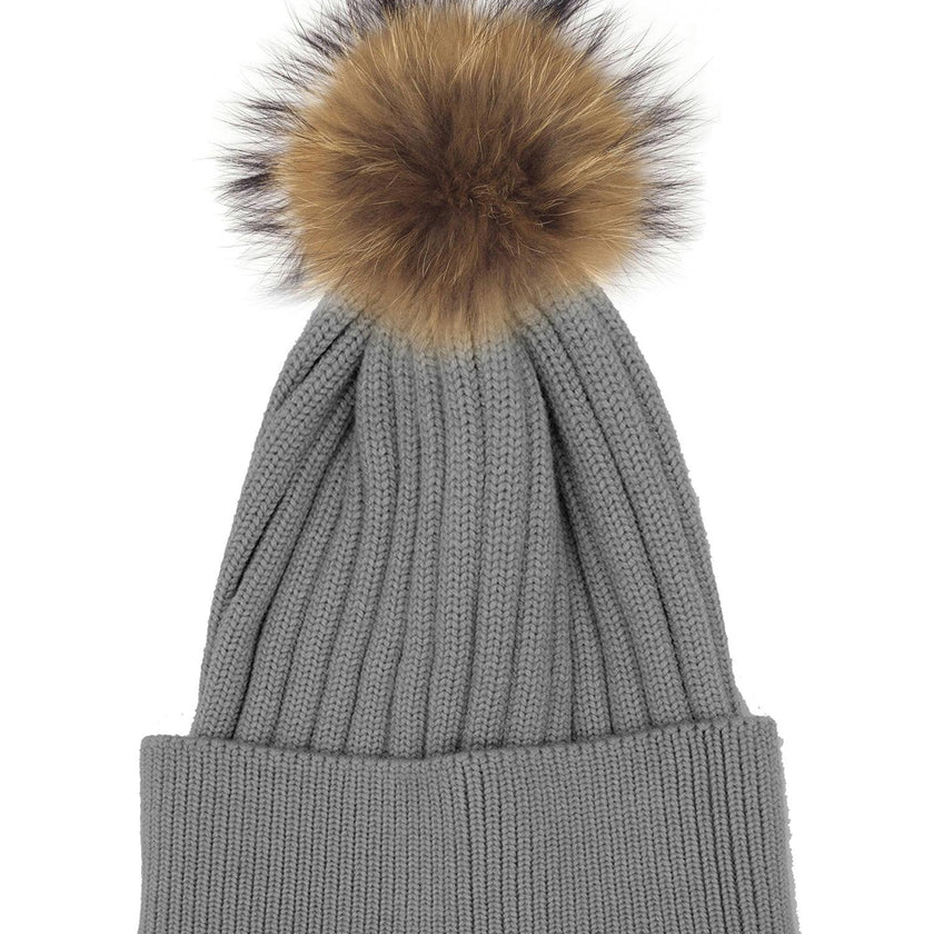 Ribbed Flat Wool Blend Hat With A Genuine Fur Pom (TikTok)