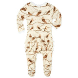 Owl Bamboo Ruffle Zipper Footed Romper