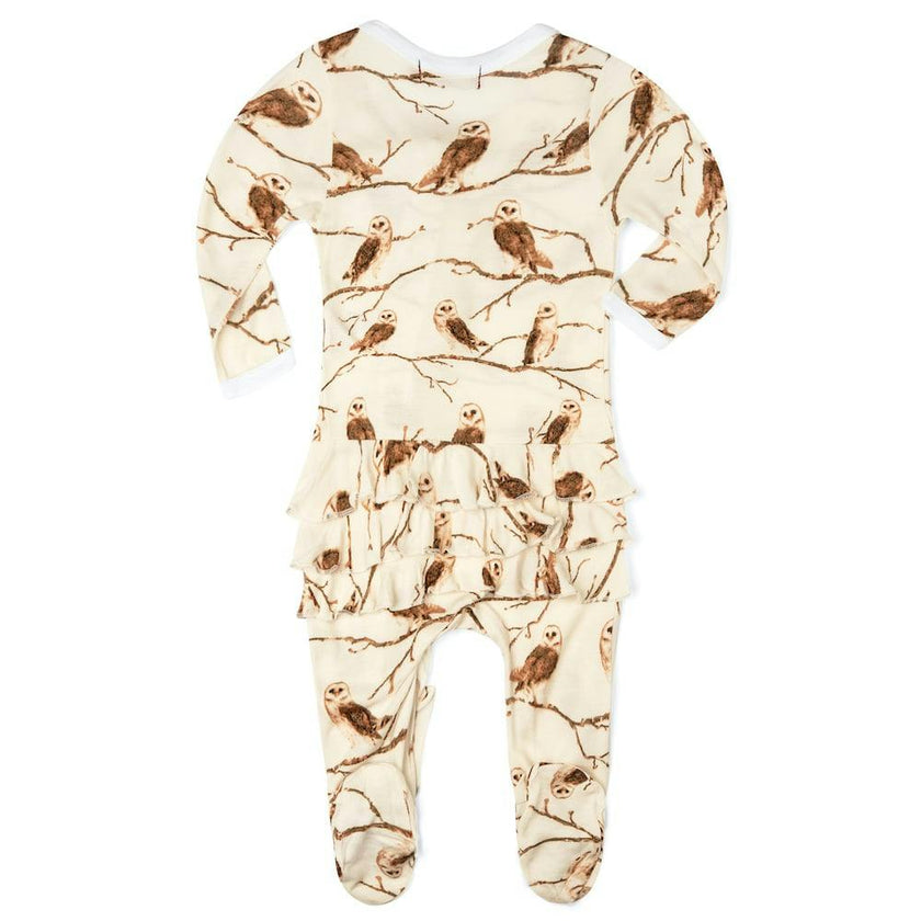 Owl Bamboo Ruffle Zipper Footed Romper