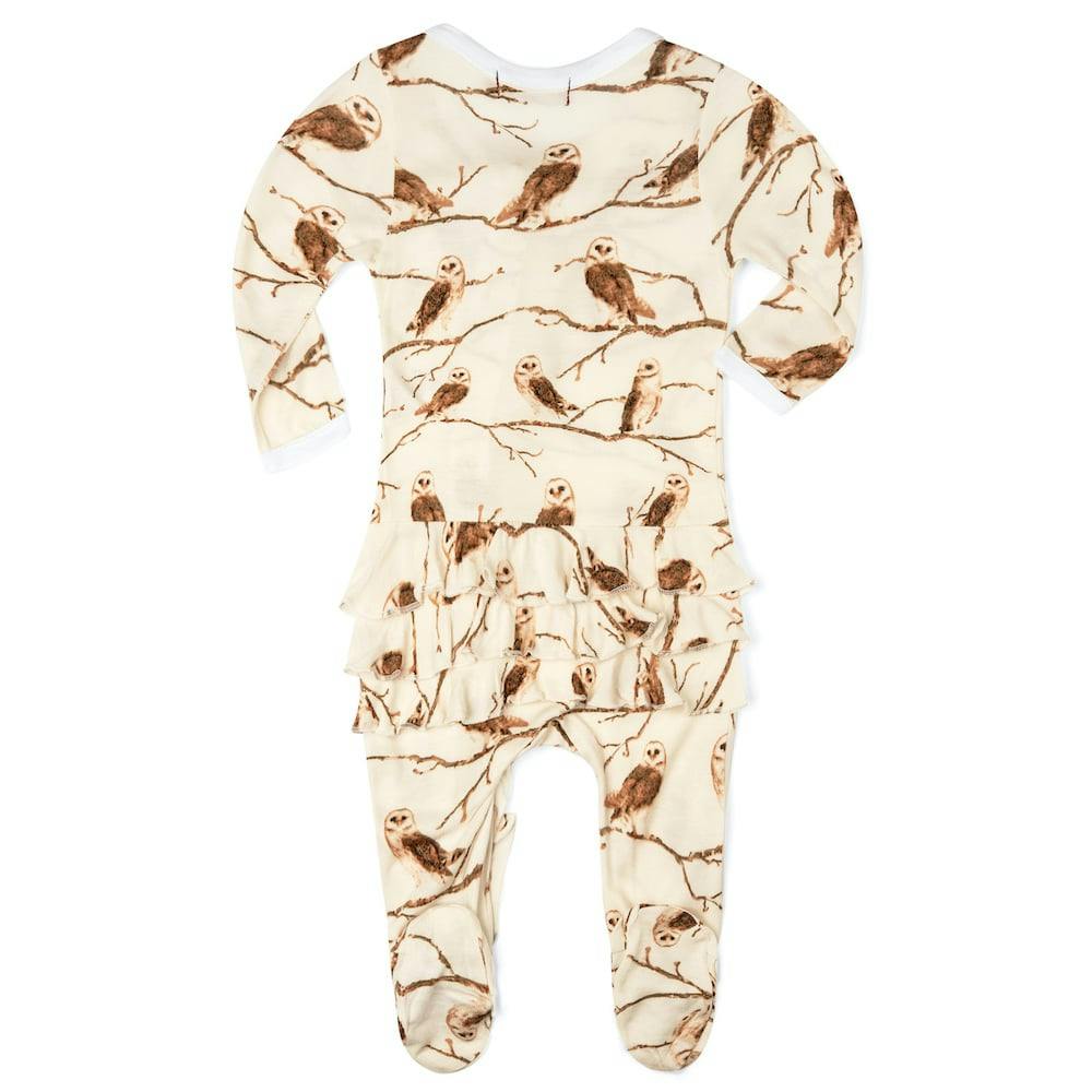 Owl Bamboo Ruffle Zipper Footed Romper
