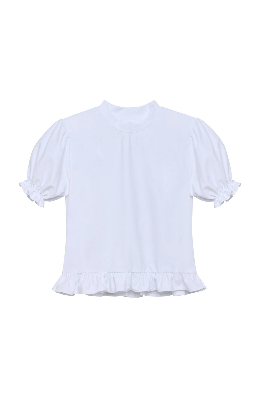 white ruffle tee