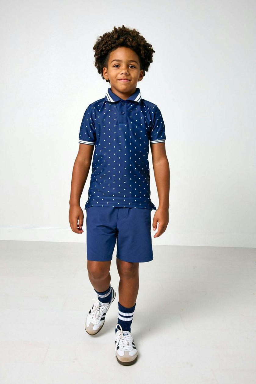 navy polka dot polo shirt