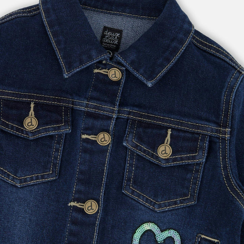 Stretch Denim Jacket Dark Blue with Glittery Hearts and