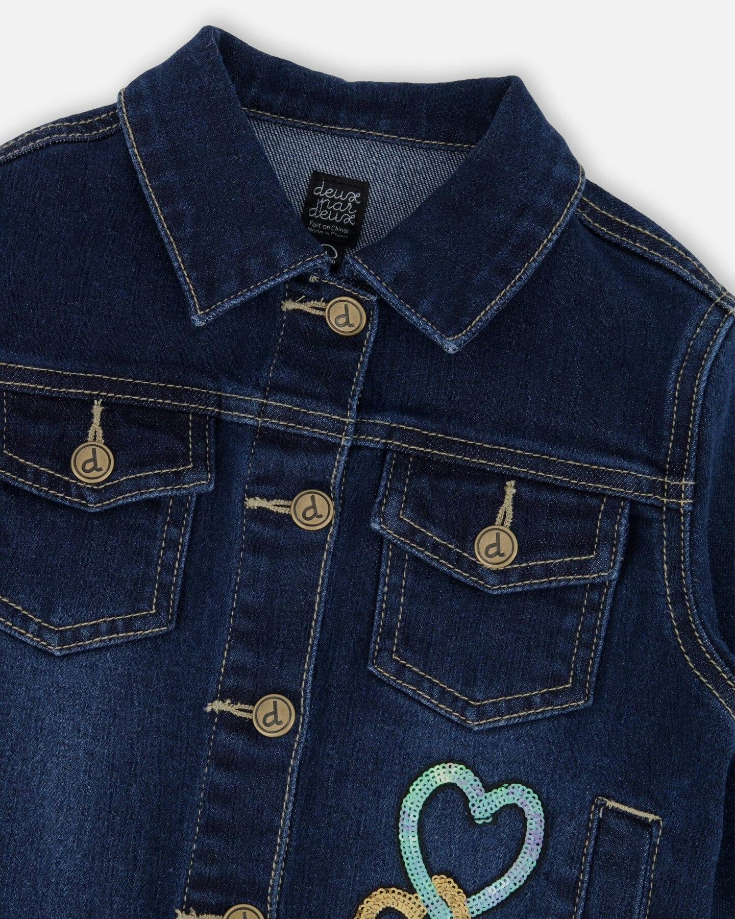 Stretch Denim Jacket Dark Blue with Glittery Hearts and
