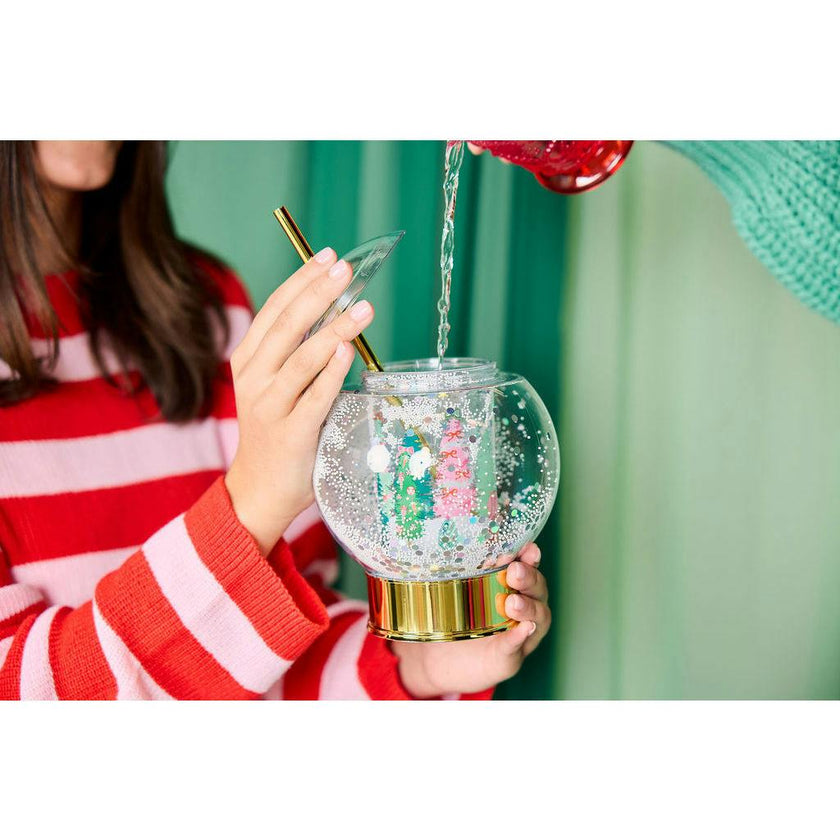Packed Party Patented Snow Globe Holiday Sipper - 12 oz BPA-Free Shakeable Winter Wonderland Confetti Cup with Printed Christmas Scene and Gold Straw