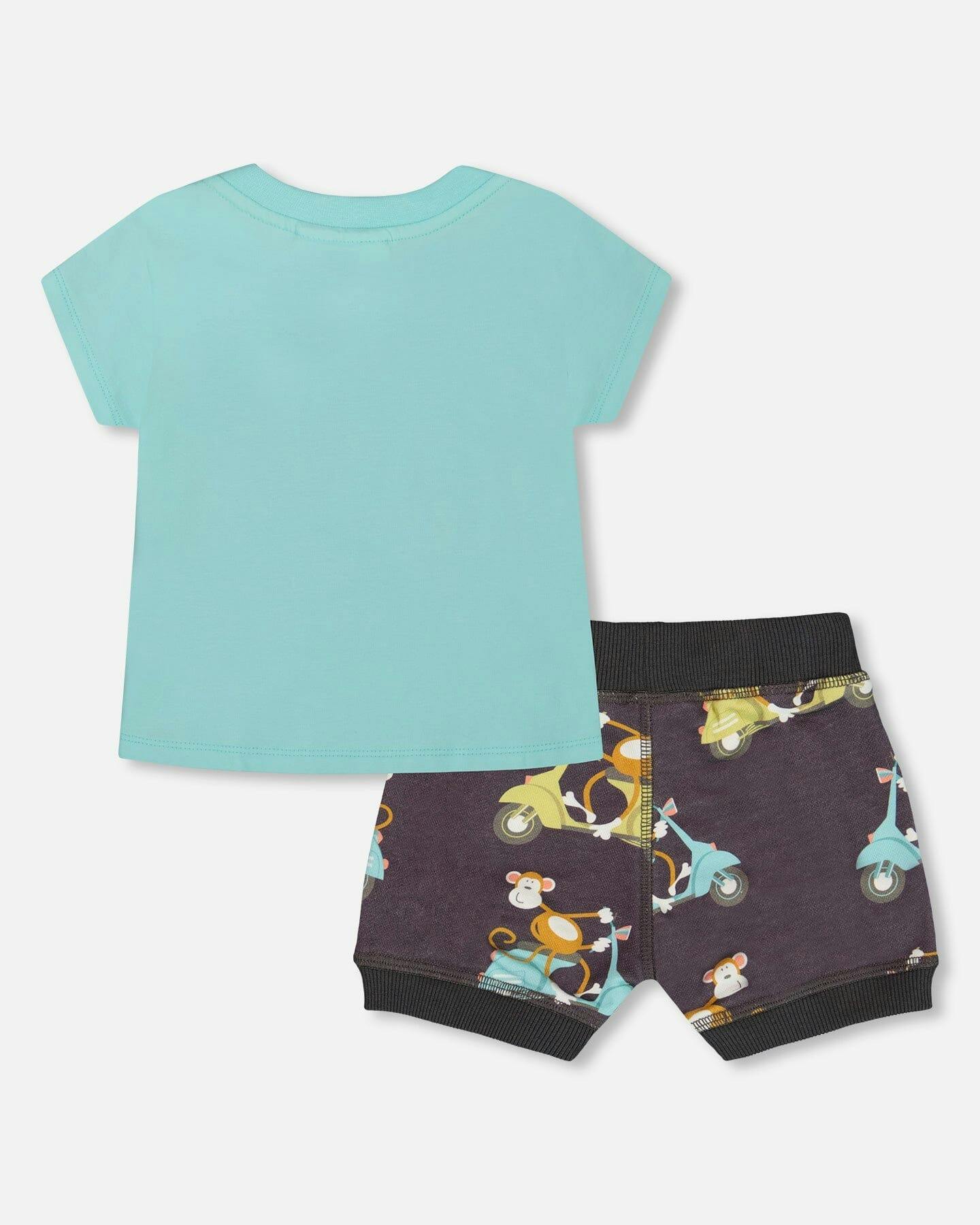 Two-Piece Top And Short Set Monkey On Navy And Turquoise Moped