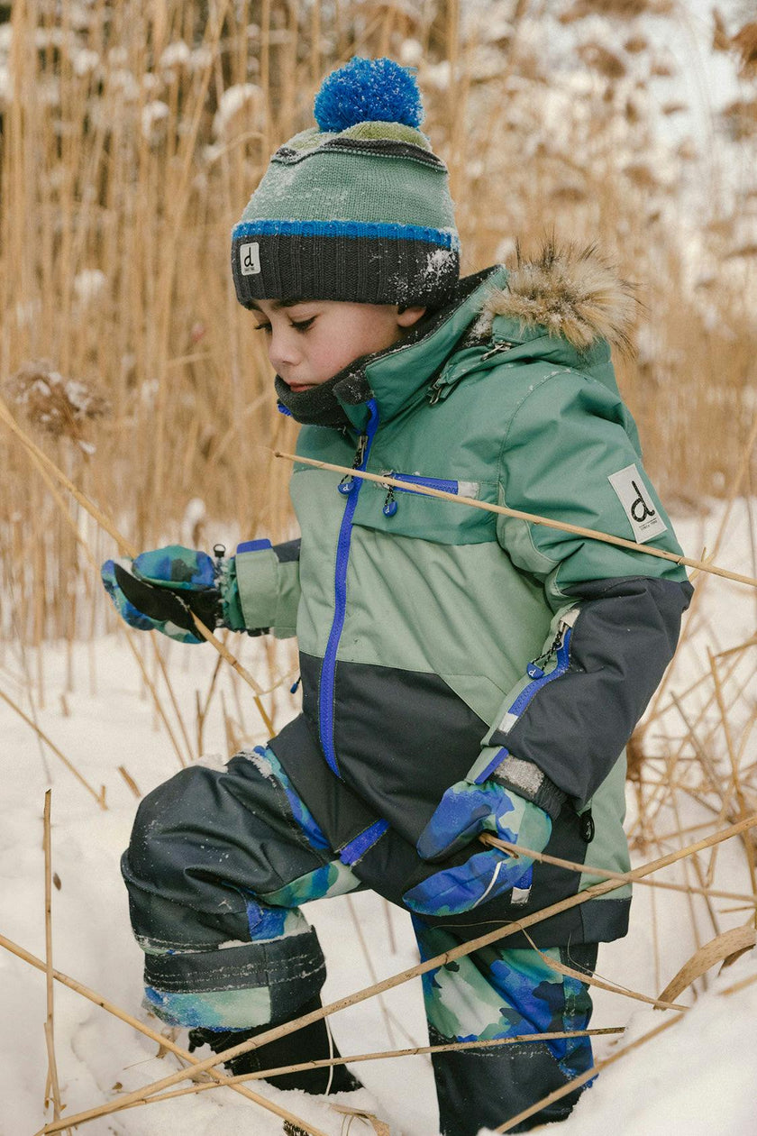 Two Piece Play Snowsuit Green And Navy Colorblock With Blue Camouflage Pants