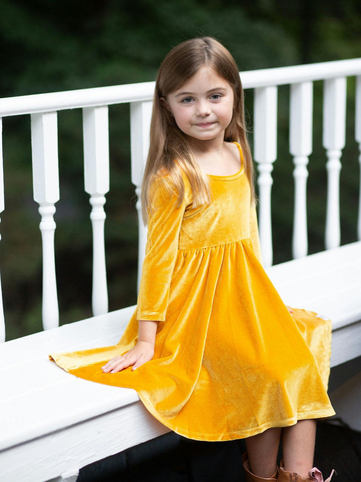 Twirly Dress in Mustard Stretch Velvet FW26