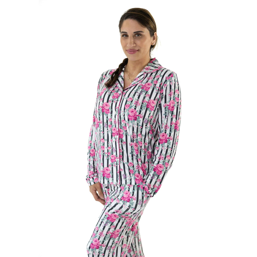 Cabbage Rose Stripe - Adult Long Sleeve Coat Style and Pant with Pockets