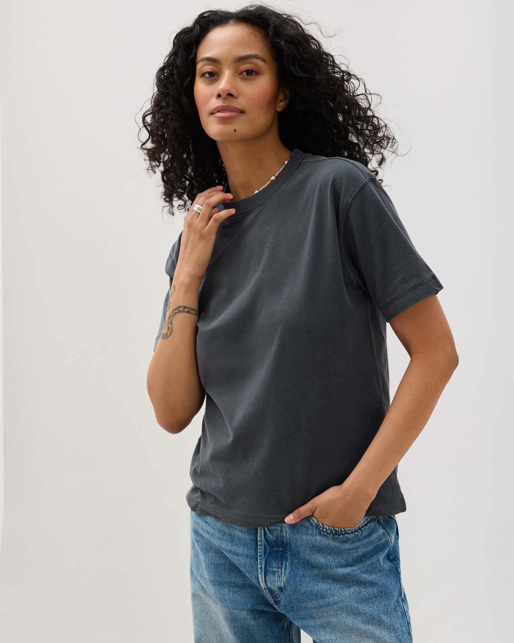 Womens Relaxed Everyday Tee - Pigment Dye Jersey - Stretch Limo