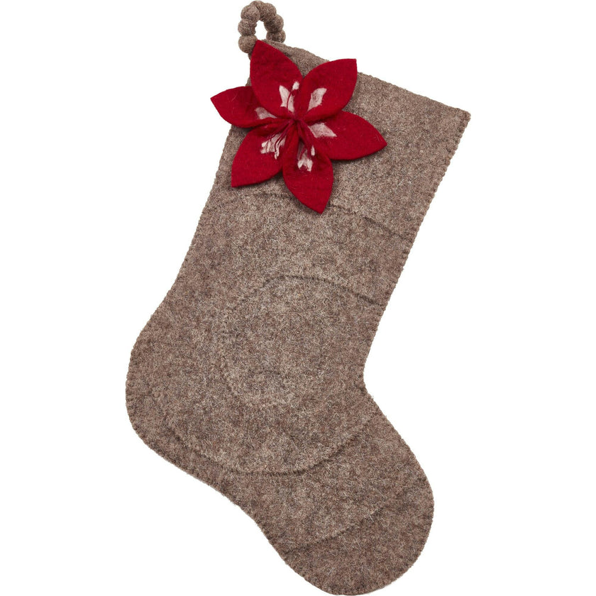 Red Amaryllis Gray Christmas Stocking Hand Felted Wool