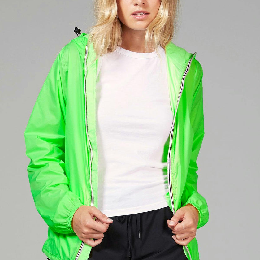 Green fluo full zip packable rain jacket and windbreaker